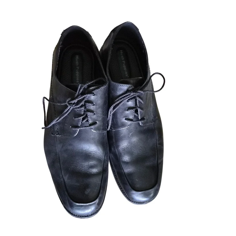 Hush‎ Puppies Mens Black Leather Derby Dress Shoes Square Toe Lace Up GUC 13 EW